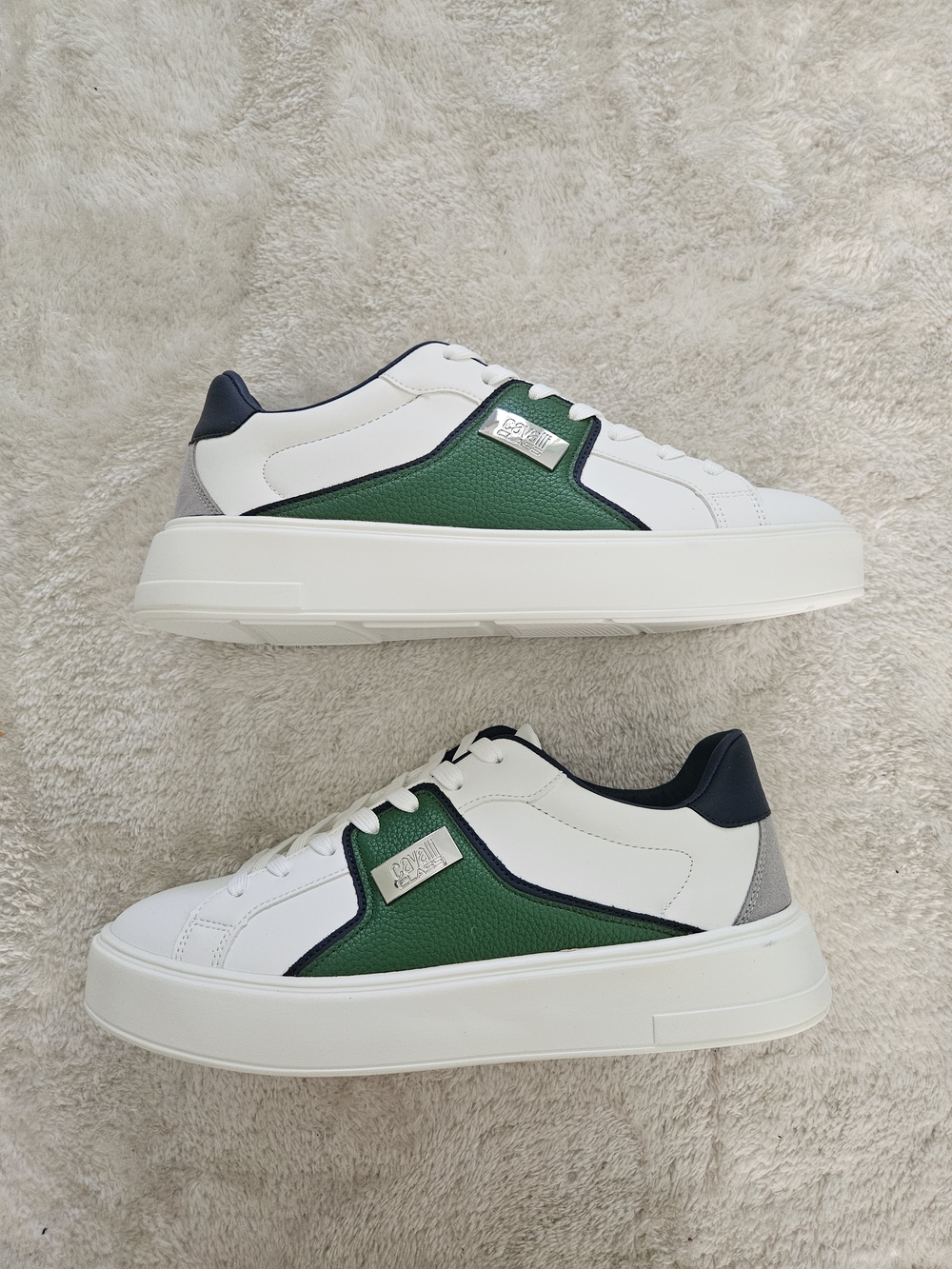 NWT Roberto Cavalli Metal Logo Low Top Sneaker Men Size 10 Green White Luxury - Picture 8 of 12